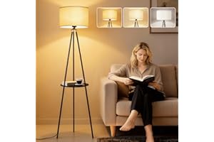 JIAWEN Modern Floor Lamp for Living Room, Black Iron Tripod Standing Lamp with Shelves, 3-Way Dimmable Tall Lamp, Standard Lamp for Reading & Home Décor (Bulb Included)