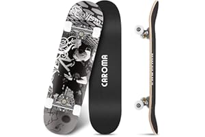 Caroma Skateboard for Beginner, 79cm Complete Skateboards, 9 Layer Maple Wood Deck, Double Kick Trick Concave Cruiser Skateboards, 4 Wheels Longboard for Kids Teen Girl Boy Skateboarding