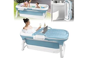 LZQ Składana wanna dla dorosłych, mobilna wanna ze zdejmowaną pokrywą, podłokietnik, kosz na mydło PP + TPE, składana wanna do łazienki, SPA, 118 x 62 x 53 cm, niebieska