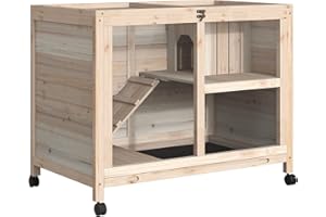 PawHut Rabbit Hutch Indoor Wooden Guinea Pig House Hamster Cage with Wheels, 2 Layers Bunny Cage with Openable Roof, 91.5 x 53.3 x 73 cm, Natural