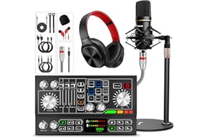 HAYNER-SEEK Paquete de equipo de podcast, interfaz de audio, mezclador de DJ, micrófono de podcast, fuente de alimentación Phantom de 48 V para grabación en streaming, Tiktok, color negro