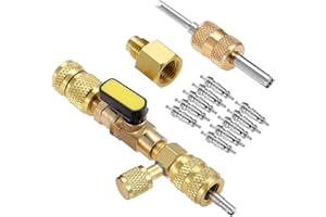 SURIEEN R410A R22 Valve Core Remover Installer Tool with Dual Size SAE 1/4 & 5/16 Port for R404A R407C R134A R12 R32 HVAC System, with 10PCS 5v1 Valve Cores and Double Head Valve Core Remover