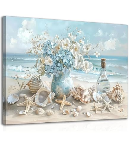 SYGALLERIER Handgemaltes Leinwandbild 'Blaugrüner Seestern Mit Goldfolie' – 40,6x40,6 Cm, Für Küstendeko