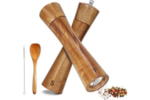 BEZORR Salt and Pepper Grinder Set Adjustable Ceramic Grinders 2 Piece 8 Inches Acacia Wooden Salt & Pepper Mills with Spoon and Brush, Brown