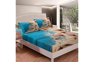 LOUSSIESD Set di Lenzuola a Tema Oceano to Mare da Letto Set Adolescenti Spiaggia Hawaiana Lenzuolo con Angoli Traspirante Estate Vacanze Blu Legno Strisce Letto Camera