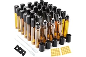 DKBT Roll on Aceites Esenciales 10ml 35 Pcs Botellas Rollon 10ml Cristal Rellenable Perfume Roll on con Roll-on Bola de Acero Inoxidable para Masajes,Mezclas de Aromaterapia,Botella de Laboratorio(Marrón)