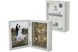 Bada Bing - Salvadanaio 2 in 1, cornice in legno di colore bianco, per regali in denaro, vacanze, foto 13 x 18 cm, personalizzabile, 30