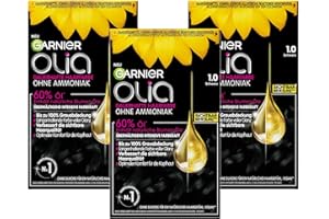 ‎GARNIER Garnier Olia Dauerhafte Haarfarbe ohne Ammoniak, Mit pflegenden und natürlichen Ölen, Vollständige Grauhaarabdeckung, Permanente Coloration, Nr. 1.0 Schwarz, 3 x 1 Stück
