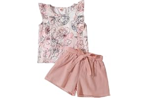 HEOXIN Ropa Para Niñas Camiseta Sin Mangas con Volantes y Estampado Floral + Pantalones Cortos con Cintura Elástica + Cintura, Conjunto Verano Niña, Verde/Rosa 2-7 AñOs