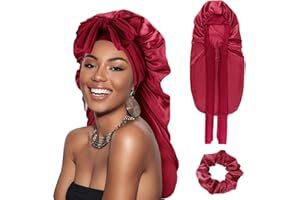 DRESHOW Gorro Saten Pelo Rizado Ajustable para Mujere Bonnet Seda para Dormir Gorro Seda Largo para Sueño con Banda Elástica para Mujeres