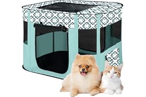 PRITOK Foldable Pet Playpen: Portable Dog Cat Playpen, 600D Oxford Indoor/Outdoor Pet Tent with Carry Bag​, Breathable Mesh for Indoor Outdoor Puppy Rabbits Hamster Small Animals (GURRN)