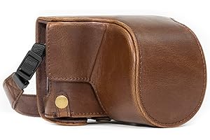 MegaGear MG1141 Ever Ready skórzane etui i pasek z dostępem do baterii/obiektyw 12-32 mm do aparatu Panasonic Lumix DC-GX850/DC-GF9/DC-GX800/DMC-GF8/DMC-GF7 - ciemnobrązowy