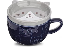 JNSMFC Niedliche Keramik Katze Kaffeebecher mit Deckel,Kaffeebecher oder Teebecher für Katzenliebhaber,Lustige Neuheit Katze Frühstück Tassen für Frauen Freunde Kinder Weihnachten Geburtstag Geschenk,300ML