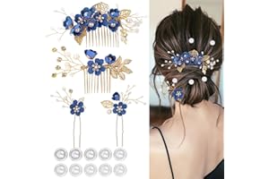 SUBTAVIK 4er-Set Hochzeits-Haarschmuck für Damen, elegante Braut-Haarnadeln mit Blumenmotiven, 10 Spiralperlen-Haarnadeln für Bräute, Brautjungfern, Frauen und Mädchen (Königsblau)