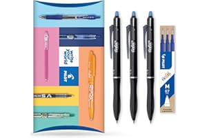 Pilot Frixion Ball Plus Stylo à bille effaçable + recharges, pointe moyenne 0,7 mm, encre de nettoyage thermique pour bureau, école, lot de 3 stylos + 3 recharges, encre bleue