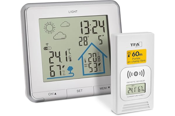 TFA Dostmann Station météo Life sans fils, 35.1153.02, prévisions météo, capteur extérieur inclus, rétro-éclairage, température extérieure et intérieure, pour jardin et maison, blanc