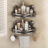 MUSTORN Shower Shelf Corner Suction Cups, Drill-Free Bathroom Organizer Shelf with Towel Bar and Hooks Shelf Shower Corner Ba