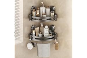 Mustorn Corner Shower Caddy Suction Cup, Shower Shelf No Drilling Bathroom Corner Shelves Suction Shower Caddy Organiser Rack Adhesive with Towel Bar & Removable Hooks Wall Mounted(2 Pack, Grey)