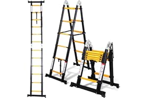 Randaco Échelle télescopique en Aluminium - 5 m (2,5 + 2,5) - Échelle Extensible - Antidérapante - Escabeau - Multifonctions - Charge maximale : 150 kg - Noir et Jaune