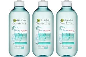 Garnier Pure Active Micellar Facial Cleansing Water for Combination, Oily and Sensitive Skin, Purifying Face and Eye Make-up Remover and Cleanser, 400 ml Pack of 3