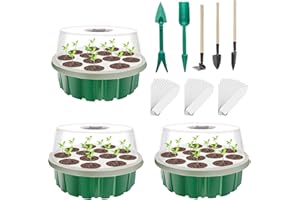 XIONGHONGLONG Zimmergewächshaus Anzuchtkasten,3 Stück 39 Zellen,Mini Gewächshaus Anzucht Set,Anzuchtschale mit Decke,Treibhaus Kunststoff Anzuchtschalenl,mit 5 Gartengeräte Klein + 30 Pflanzenetiketten(Grün)