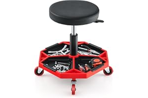 COSTWAY Tabouret d'Atelier Pneumatique 4 roulettes Universelles, Chaise d'Atelier Pivotante avec Plateau à Outils pour Garage, Atelier, Ø 50, 5 cm, Hauteur 41 à 55 cm, Charge Max 150 kg (Rouge)