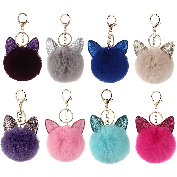Set 4 Portachiavi Con Palline Di Pelo Di Gatto – Simpatici Ciondoli In Peluche E Pelle PU – Multicolore 8 Cm
