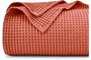 PHF 100% Cotton Waffle Blanket 220x240cm - Pre-Washed Soft Lightweight Throw Blanket for All Season- Perfect Blanket Layer for Couch Bed Sofa - Elegant Home Decoration - Queen Size-Orange