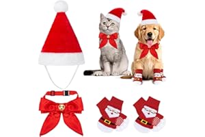 MELLIEX 3-częściowy kostium świąteczny z kotem, psem, kostium dla psa, kostium kota, Boże Narodzenie, z czapką świąteczną, regulowana czerwona muszka, muszka, skarpetki dla zwierząt domowych, dla