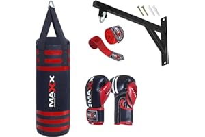 MAXX PRO BOXING GEAR Maxx Black Red Kids Punch Bag Set - Junior Boxing Punching Bag with Bracket Hook and 6oz or 8oz Gloves