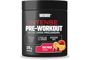 Weider Intense Pre-workout (375g) Goût Fruit Punch. Précurseur de l’Oxyde Nitrique, avec 200 mg de Caféine et 6000 mg d’Acides Aminés/portion, L-Citrulline, L-Arginine, Sans Aspartame (18 portions)
