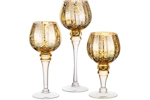 ‎NUPTIO Nuptio Wysoki szklany świecznik, 3 szt., duże świeczniki, złote świeczniki na podgrzewacze, zestaw do świec pływających i filarowych, świeczniki rtęciowe na wesele, przyjęcie, Boże Narodzenie