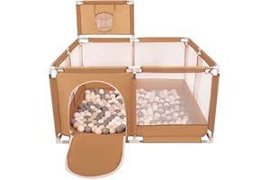 Selonis Parc Bébé Avec 200 Balles Plastiques Aire De Jeu Pliable Basket, Beige : Beige Pastel/Gris/Blanc