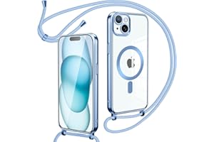 Oelrstfe Magnetische Handykette mit Band für iPhone 15 Hülle - Necklace HandyHülle Transparente zum Umhängen mit justierbarer und Abnehmbarer Kette, Crossbody Magnet Clear Cover - Blau