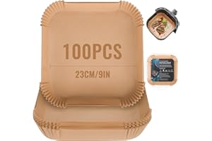 BEENNA Carta per Friggitrice ad Aria 100 Pezzi, 23cm Quadrata Carta Forno Per Friggitrice Ad Aria, Antiaderente, Monouso Fodera in Carta Per Friggitrice ad Aria, Forno, Padelle, Microonde