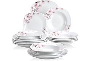 VEWEET 'Annie' 18-Piece Dinner Set, Porcelain Combination Sets, Ivory White Pink Floral Round Tabletop Dinnerware Sets of 6 x 9.75 Dinner Plate/ 7.5" Dessert Plate/ 8.5" Soup Plate Service for 6