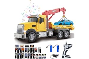 Mostop 2.4GHz Remote Control Rescue Trailer with Racing Car, 4 Channel Transport Crane Truck, Lights & Sounds, 28PCS Traffic Signs, 2 Batteries,Fun Educational Gift for Boys Girls