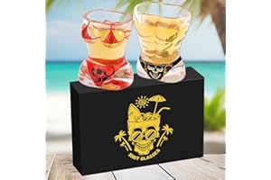 LKKCHER NOVELTY Set di 2 bicchierini da shot in vetro con motivo a teschio e muscoli, con scatola regalo con logo, base pesante da 30 ml, per shot alcolici, vodka, espresso, tequila e dessert, durevoli e