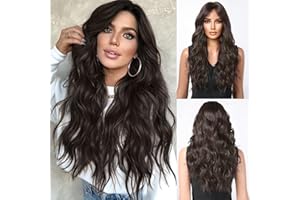 ‎TESTAR testar Lange Dunkelbraune Gewellte Perücken Für Frauen Braune Lockige Perücken Mit Air Bangs Wasserwellen Perücke Synthetische Hitzebeständige Faserperücke Für Den Täglichen Partygebrauch