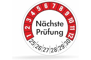 beihaasnatuerlich® 100 Prüfplaketten 30mmØ "Nächste Prüfung" 2025-2030, selbstklebend, Prüfaufkleber, E-Check Prüfetikett, Plakette, TÜV-Plakette (30 mm Ø, Rot 100)