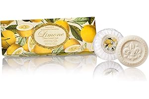 SAPONIFICIO ARTIGIANALE FIORENTINO Limone sapone, Confezione regalo da 3 saponette lavorazione artigianale rotonde, scolpite giglio in rilievo, incartate plisse, 3x100g
