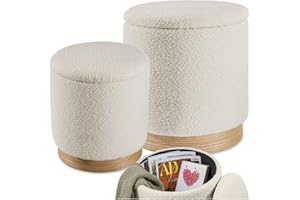 TecTake® Set di 2 Pouf Contenitore, Sgabelli Imbottiti Rivestimento Bouclé, Pouf Letto Stile Scandinavo per Camera da Letto Contenitore e da Salotto - Crema