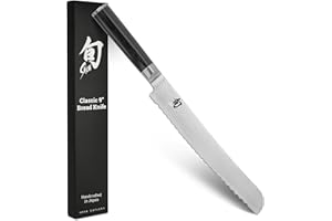 KAI Shun Classic Couteau à Pain Japonais 23 cm Longueur de Lame - Couteau Damas 32 Couches Noyau VG Max - 61 (±1) HRC - Manche en Pakkawood - Fabriqué au Japon - Couteau à Pain Dentelé Forgé