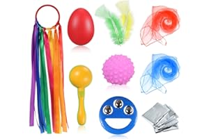 HARRYCLE 11 Pcs Baby Sensory Toys Include Dance Scarves, Foil Blanket, Feather, Ribbon, Maraca, Bell, Egg Shaker, Textured Ball and Storage Bag for Baby Gifts Party Activity Children Movement Play Supplies