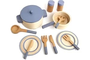 BEACENOV Wooden Kitchen Toys for Toddler,Kids Play Kitchen Accessories,Montessori Pretend Play Toys,Toddler Kitchen Cooking Utensils Toys for Girls,Wooden Cooking Toys Pots and Pans (Blue Cooking Set)
