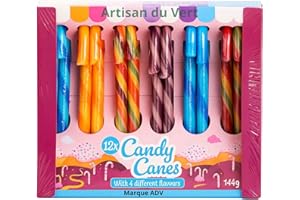 ADV Lot de 12 Sucres d'Orge Colorés - Cannes à Sucre Multicolores 4 Parfums - Myrtille Orange Tutti Frutti Raisin - Bonbons Noël - Artisan du vert