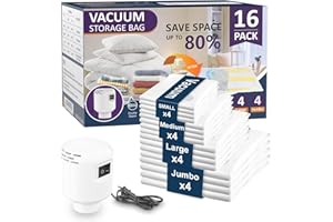 BQSS Sac de Rangement Sous Vide et Pompe Électrique, 16pcs - 4J 4L 4M 4S, Sac de Rangement Sous Vide Pour Literie, Vêtements, Couettes, Matelas et Voyages