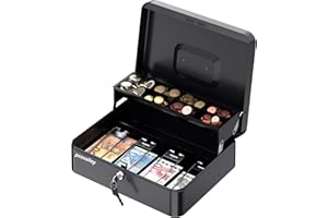 POS VALLEY Boîte à valeurs portable en fer, avec plateau porte-pièces et ressorts en acier ferme billets, serrure de sécurité 30 x 24 x 9 cm (noir)