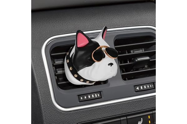 Diffuseur d'huiles essentielles d'aromathérapie de Bouledogue français avec lunettes de soleil De Voiture Aromatherapy, Voiture Désodorisant de Diffuseur Parfum Clip pour Voiture, Bureau, Blanc Noir