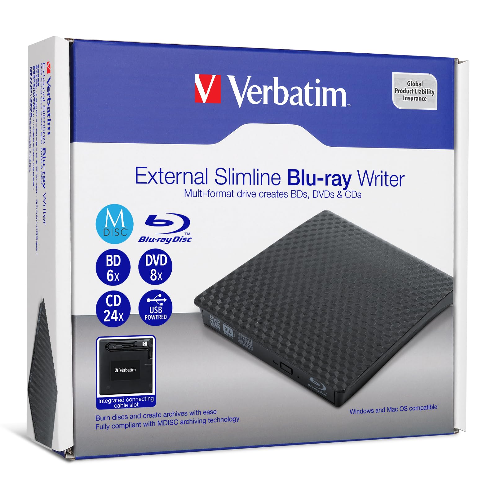Verbatim 66718 External Slimline Blu-ray Writer USB 3.2 Gen 1 for M Disc/BluRay/DVD/CD Writer
